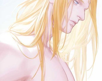 May include: A close-up of a person with long, flowing blonde hair. The person is looking down and has a serious expression on their face. Their chest is bare and their skin is pale.