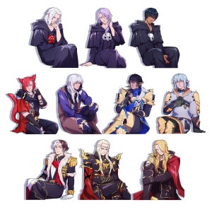 Puede incluir: Una ilustración digital de diez personajes de estilo anime, cada uno con diferentes colores de cabello, ropa y poses. Los personajes son todos masculinos y se representan en una variedad de poses, incluyendo sentados, de pie y arrodillados. La ilustración está sobre un fondo blanco.