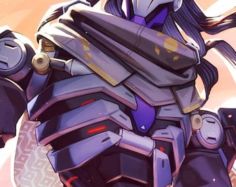 May include: A grey and black robot with a purple chest plate and a white helmet with red dots. The robot has long black hair and is wearing a grey and gold scarf.