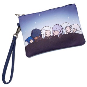 May include: A blue and purple zippered pouch with a wrist strap. The pouch features a cartoon illustration of five characters with their heads together, sleeping against a starry night sky.
