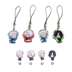 May include: Four different colored acrylic charms featuring a cartoon character with white hair and a red coat. The charms are attached to black string phone charms. The charms are numbered 1 through 4.