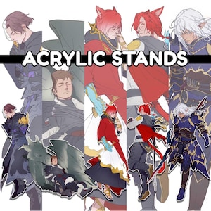 May include: A collection of acrylic stands featuring various illustrated characters in diverse outfits and poses, with the text ACRYLIC STANDS displayed prominently across the center of the image in bold white capital letters.