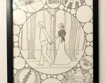 Made to Order, Custom Black and White Illustration, Collage, Line Art, Hand Drawn, 12x18 Photo, Wedding Photos