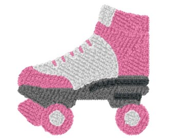 Könnte beinhalten: Rosa-weißer Rollschuh mit schwarzen Rollen. Der Schuh hat eine weiße Zehenkappe und ein rosa Oberteil.