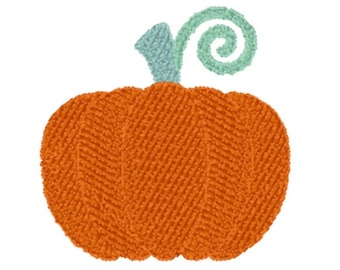 May include: A small orange pumpkin with a green stem and a swirl at the top.