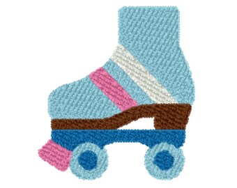 Könnte beinhalten: Ein blauer Rollschuh mit rosa und weißen Streifen am Stiefel und braunen Rollen.