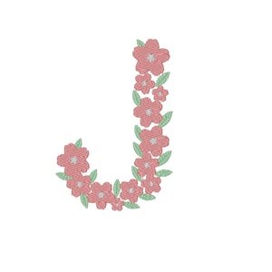 May include: A pink floral letter J with green leaves. The letter is formed by a wreath of flowers.