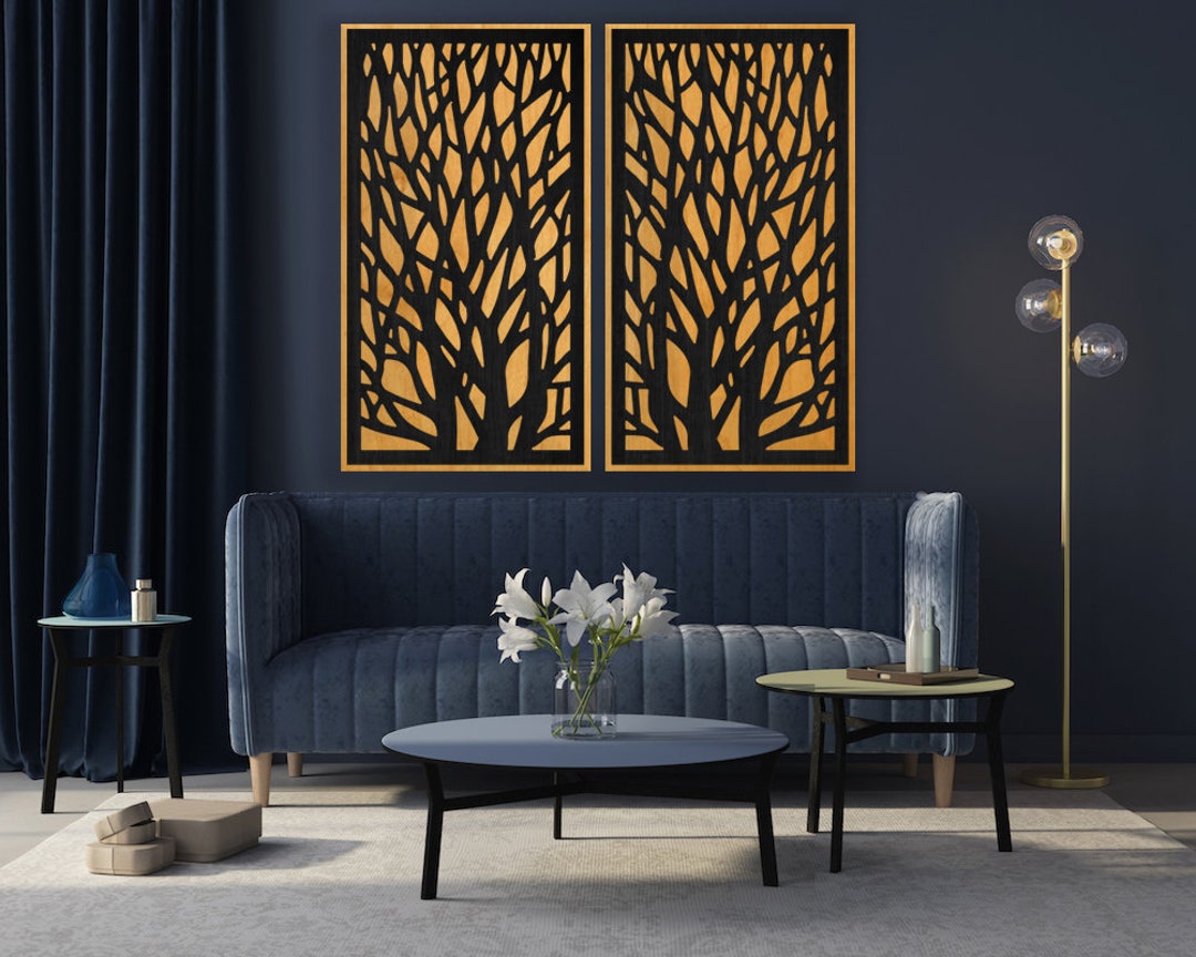 Geometric Tree Wood Wall Art Set, Tree Wood Wall Decor, Geometric Wood