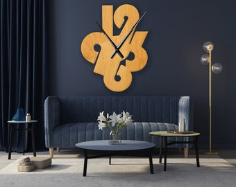Mid century wall clock large, Wooden wall clock numbers, Unique large wall clock, Mid century modern wall clock, Modern clock for wall