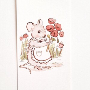 Original bookmark | Hand-Painted cute Mouse with poppy| Watercolor Animal Art | Unique Book Lover Gift | Best Wishes Card.