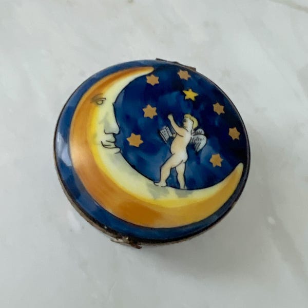Lagloriette Limoges Handbemalte Monddose mit himmlischem Engelmotiv – Französisches Porzellan