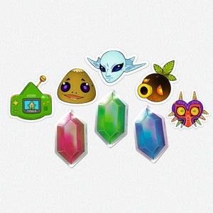 Zelda Inspired Mini Sticker Pack (8 Stickers) – Majoras Mask, Deku, Goron, Zora, Rupee, Tingle – Video Game Gifts - Cute Mini Stickers