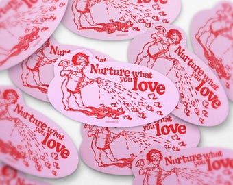 Nurture What You Love Cupid Sticker | Watering Hearts Cherub Decal | Valentine Gift | Vintage Romance | Waterproof Vinyl