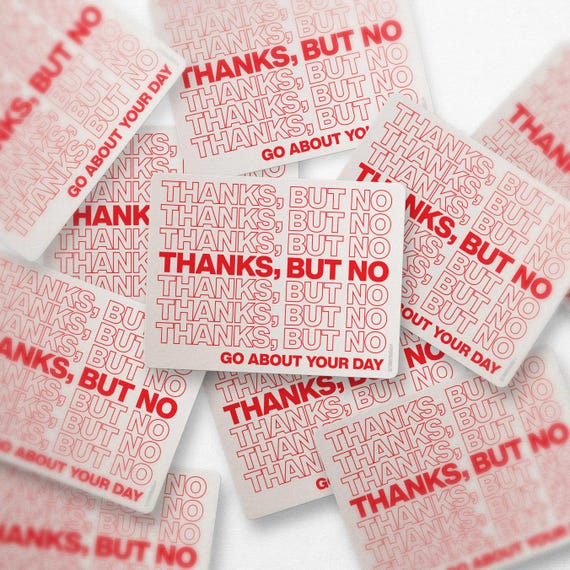 Thanks But No Thanks Sticker | Waterproof Grocery Bag Design | Retro Decal | Funny Gift | Vinyl