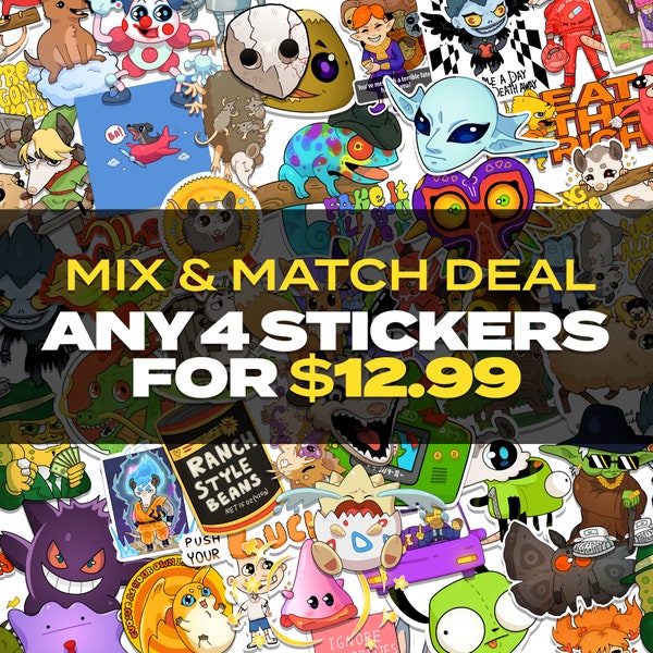 4 Sticker Pack Mix & Match Deal – anime stickers – funny stickers – meme stickers – progressive stickers – sticker bomb – geek stickers