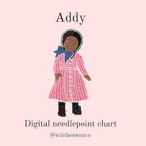 May include: Digital needlepoint chart featuring a pixelated illustration of a doll named Addy. The doll wears a pink and white striped dress, a blue scarf, and black boots. The text "Digital needlepoint chart" and the seller's handle are also included.
