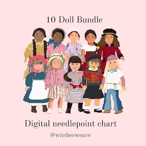 May include: A digital needlepoint chart featuring a bundle of ten dolls, each dressed in historical or cultural attire. The dolls are arranged against a light pink background. The text "10 Doll Bundle" and "Digital needlepoint chart" are displayed.