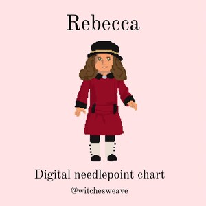 Pode incluir: Um gr&aacute;fico digital de ponto de cruz com uma ilustra&ccedil;&atilde;o pixelizada de uma boneca chamada Rebecca. A boneca usa um vestido vermelho, um chap&eacute;u preto e botas brancas. O texto "Rebecca" est&aacute; acima da boneca, e "Digital needlepoint chart" e o nome do vendedor est&atilde;o abaixo.
