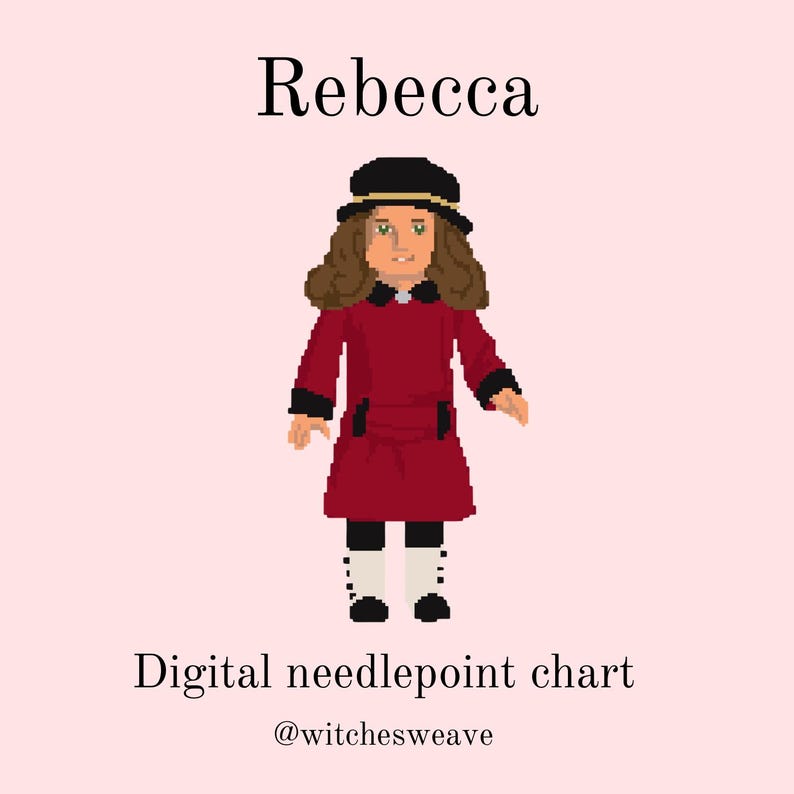 Pode incluir: Um gr&aacute;fico digital de ponto de cruz com uma ilustra&ccedil;&atilde;o pixelizada de uma boneca chamada Rebecca. A boneca usa um vestido vermelho, um chap&eacute;u preto e botas brancas. O texto "Rebecca" est&aacute; acima da boneca, e "Digital needlepoint chart" e o nome do vendedor est&atilde;o abaixo.