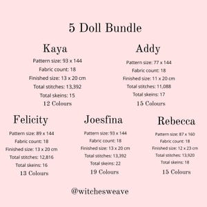 Pode incluir: Gr&aacute;fico com o texto "5 Doll Bundle" e detalhes de cinco padr&otilde;es de bonecas: Kaya, Addy, Felicity, Joesfina e Rebecca. Cada padr&atilde;o inclui tamanho, contagem de tecido, tamanho final (em cm), pontos totais, meadas e contagem de cores.