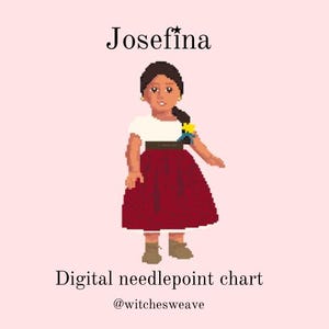 Pode incluir: Gr&aacute;fico digital de ponto de cruz com uma ilustra&ccedil;&atilde;o pixelizada de uma menina chamada Josefina. Ela usa uma blusa branca, uma saia bord&ocirc; e sapatos marrons. O texto "Digital needlepoint chart" e o nome do vendedor tamb&eacute;m est&atilde;o inclu&iacute;dos.