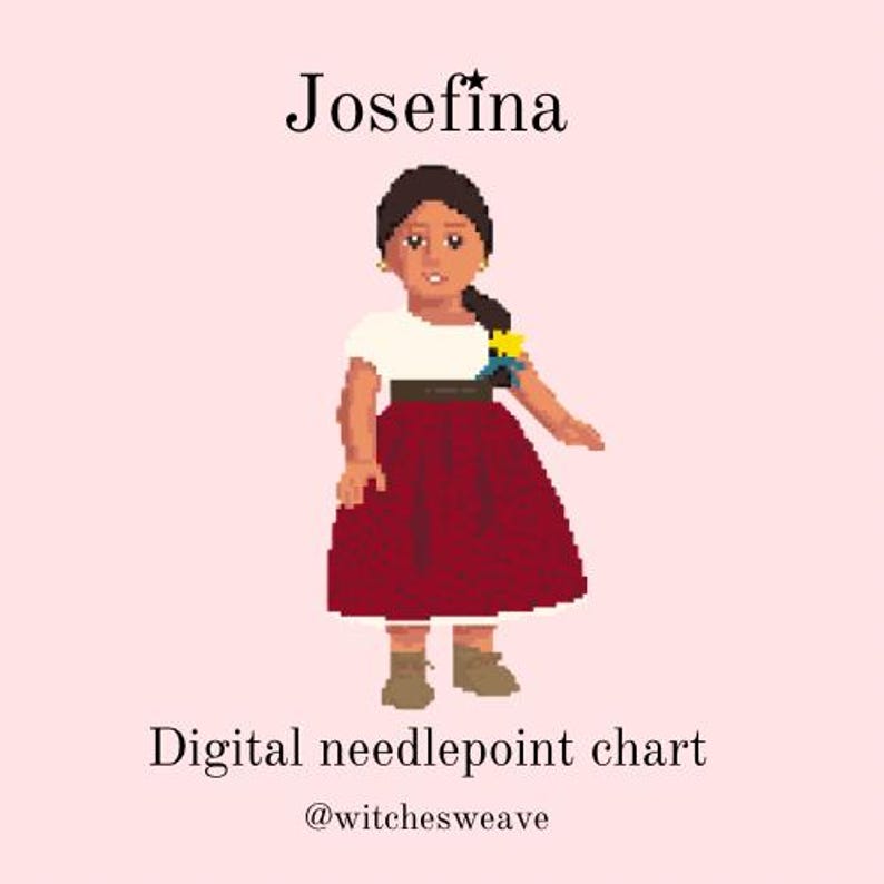 Pode incluir: Gr&aacute;fico digital de ponto de cruz com uma ilustra&ccedil;&atilde;o pixelizada de uma menina chamada Josefina. Ela usa uma blusa branca, uma saia bord&ocirc; e sapatos marrons. O texto "Digital needlepoint chart" e o nome do vendedor tamb&eacute;m est&atilde;o inclu&iacute;dos.
