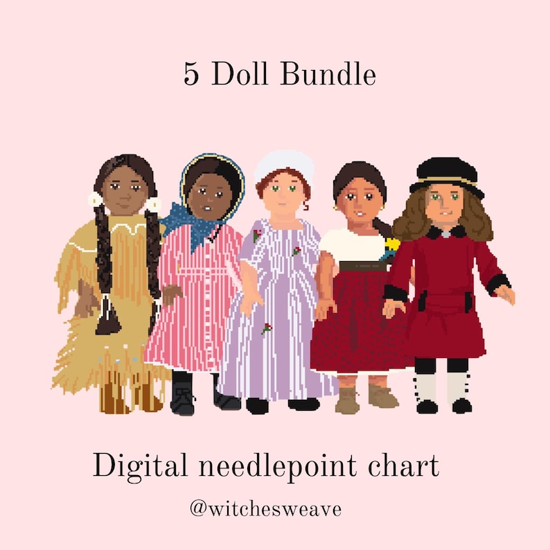 Pode incluir: Um gr&aacute;fico digital de ponto de cruz com um pacote de 5 bonecas. As bonecas usam trajes hist&oacute;ricos, incluindo um vestido de inspira&ccedil;&atilde;o nativa americana, um vestido listrado rosa, um vestido listrado roxo, um vestido vermelho e um casaco vermelho. O texto "5 Doll Bundle" e "Digital needlepoint chart" s&atilde;o exibidos.