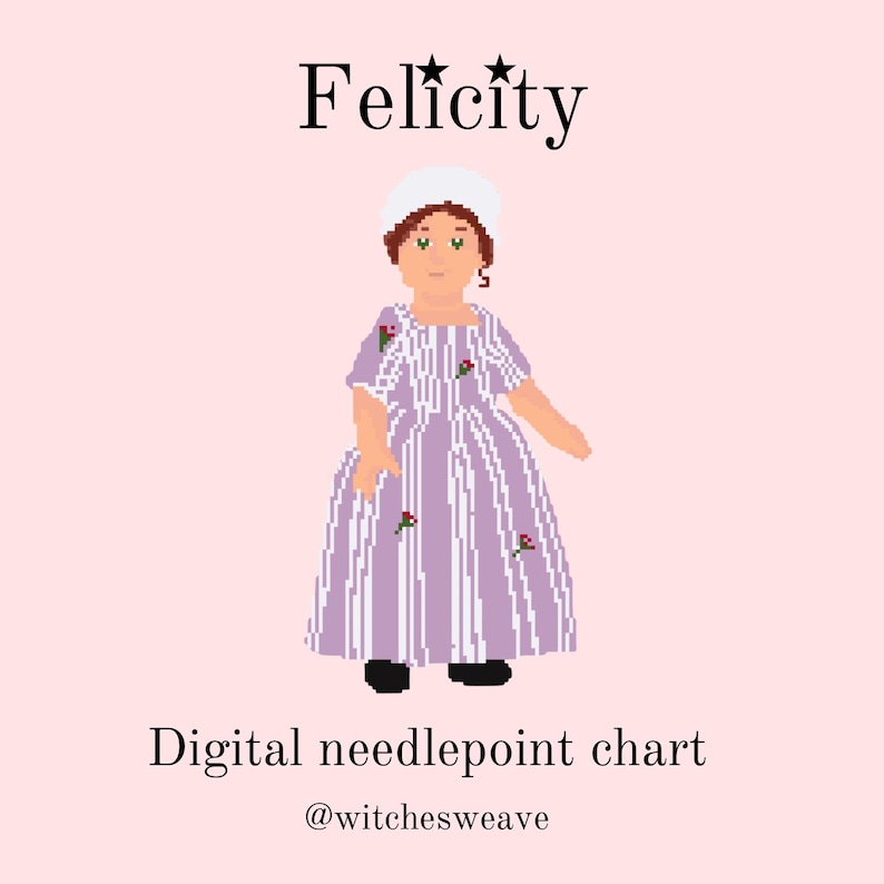 Pode incluir: Gr&aacute;fico digital de ponto de cruz com uma ilustra&ccedil;&atilde;o pixelizada de uma boneca chamada Felicity. A boneca usa um vestido listrado lavanda e branco com detalhes florais e um chap&eacute;u branco. O texto "Felicity" e "Digital needlepoint chart" tamb&eacute;m s&atilde;o exibidos.