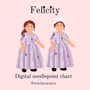 Puede incluir: Gráfico de punto de cruz digital con dos figuras con vestidos a rayas lavanda con detalles de rosas. La palabra "Felicity" está en la parte superior, y el texto "Digital needlepoint chart" y el nombre del vendedor están en la parte inferior.