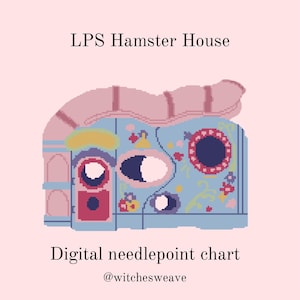 Könnte beinhalten: Digitales Kreuzstichmuster eines LPS-Hamsterhauses. Das Haus ist ein pixeliges Design mit hellblauer Fassade, rosa Dach und verschiedenen farbenfrohen Details. Der Text enthält "LPS Hamster House" und "Digital needlepoint chart".