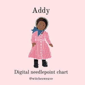 Pode incluir: Gr&aacute;fico digital de ponto de cruz com uma ilustra&ccedil;&atilde;o pixelizada de uma boneca chamada Addy. A boneca usa um vestido listrado rosa e branco, um len&ccedil;o azul e um chap&eacute;u. O texto "Addy" est&aacute; acima da boneca e "Digital needlepoint chart" abaixo.