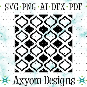 May include: Black and white geometric pattern with a repeating design of interlocking ovals. The pattern is in a square shape.