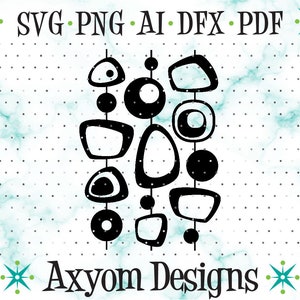 Może przedstawiać: Czarno-białe geometryczne kształty w stylu modernizmu z połowy wieku, w tym koła, owale i prostokąty, ułożone w pionowym wzorze. Projekt przypomina styl lat 60.