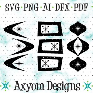 May include: Black and white mid-century modern design elements. The image includes boomerang shapes, rectangular shapes with starbursts, and a stacked teardrop shape. Text at the top reads "SVG PNG AI DFX PDF" and "Axyom Designs" at the bottom.