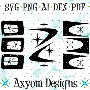May include: Three black and white retro-style geometric shapes with a starburst design. The shapes are arranged vertically on a white background with a dotted pattern. The text "SVG. PNG. AI. DFX. PDF" and "Axym Designs" are also included in the image.