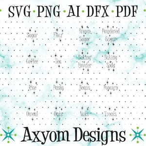May include: A white background with a teal marble pattern and black text labels for various pantry items. The text labels include "Sugar", "Flour", "Brown Sugar", "Powdered Sugar", "Coffee", "Tea", "Baking Powder", "Baking Soda", "Rice", "Pasta", "Beans", "Popcorn", "Cereal", "Oats", "Nuts", and "Treats". The text "Axyom Designs" is at the bottom of the image.