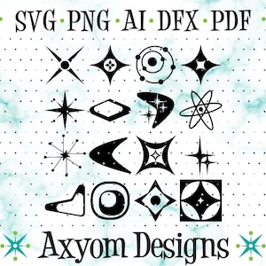 Halverwege de eeuw moderne atomaire vormen SVG, Cricut gesneden bestanden, Laser Retro Shapes 6 gesneden bestand downloaden, silhouet snijden bestand, Svg Png Ai Dxf Pdf Pdf MCMS