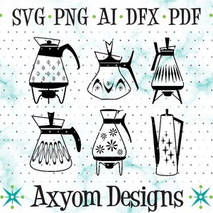 May include: Six black and white silhouette illustrations of vintage coffee pots with different designs. The text "SVG. PNG. AI. DFX. PDF" and "Axym Designs" are at the top and bottom of the image.