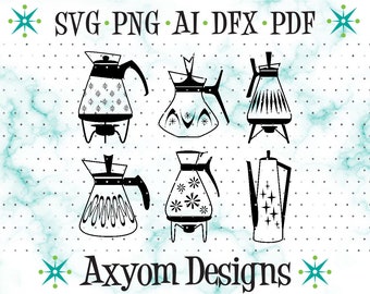 Mid Century Modern Coffee Pot SVG, Cricut Cut Files, Retro Coffee Pots Downloads, MCM Atomic Stars, Silhouette Cut File, Svg Png Ai Dxf Pdf