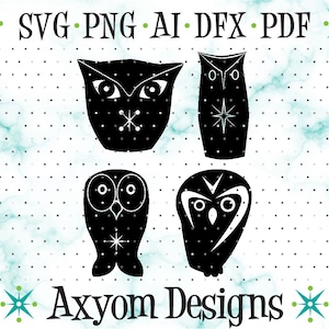 Gufi moderni di metà secolo SVG, file di taglio Cricut, gufi retrò, download di file di taglio MCM, gufi atomici, file di taglio Silhouette, Svg Png Ai Dxf Pdf