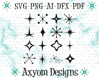 May include: A set of 12 black and white retro starburst and star shapes. The shapes are on a white background with a light blue marble pattern. The text "SVG. PNG. AI. DFX. PDF" and "Axym Designs" are at the top and bottom of the image.
