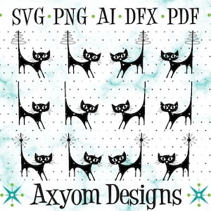 Mid Century Modern Atomic Cats SVG, Cricut Cut File, Retro Kitty Cut File Download, Atomic Kitties 13 Silhouette Cut File Svg Png Ai Dxf Pdf