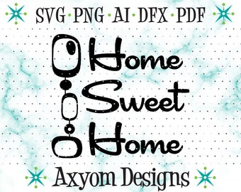 May include: Black and white graphic design with the text "Home Sweet Home" and the words "Axom Designs" at the bottom.