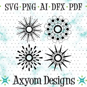 May include: Four black and white geometric sunburst designs. The designs are in a circle shape with radiating lines. The designs are on a white background with a light blue marble pattern.