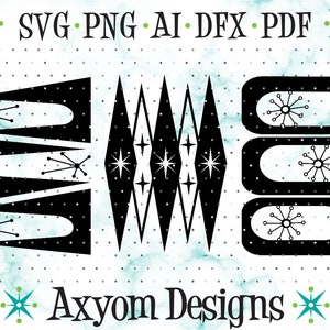 May include: A set of three black and white mid-century modern style geometric shapes with starburst designs. The shapes are a set of three arches, a set of five diamonds, and three rounded rectangles. The text "SVG. PNG. AI. DFX. PDF" and "Axym Designs" is included in the image.
