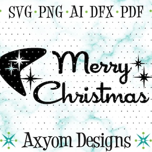May include: A black and white graphic with the words "Merry Christmas" in a retro font, accompanied by a boomerang shape and starbursts. The image also includes the text "SVG PNG AI DFX PDF" and "Axyom Designs".