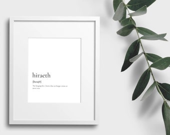 Palabra galesa “hiraeth” Traducción al inglés / definición del diccionario impresión descargable