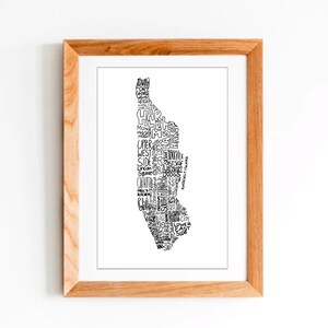 Carte d'art de lettre de quartier de New York Manhattan dessinée à la main | Décoration murale minimaliste 11 x 17 NYC téléchargement imprimable