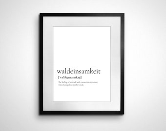 Palabra alemana “waldeinsamkeit” Traducción al inglés / Definición del diccionario imprimible para descargar