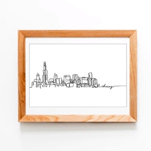 Handgetekende enkele lijn Chicago Skyline tekening | Minimalistisch wanddecor 11x17 Chicago afdrukbare download